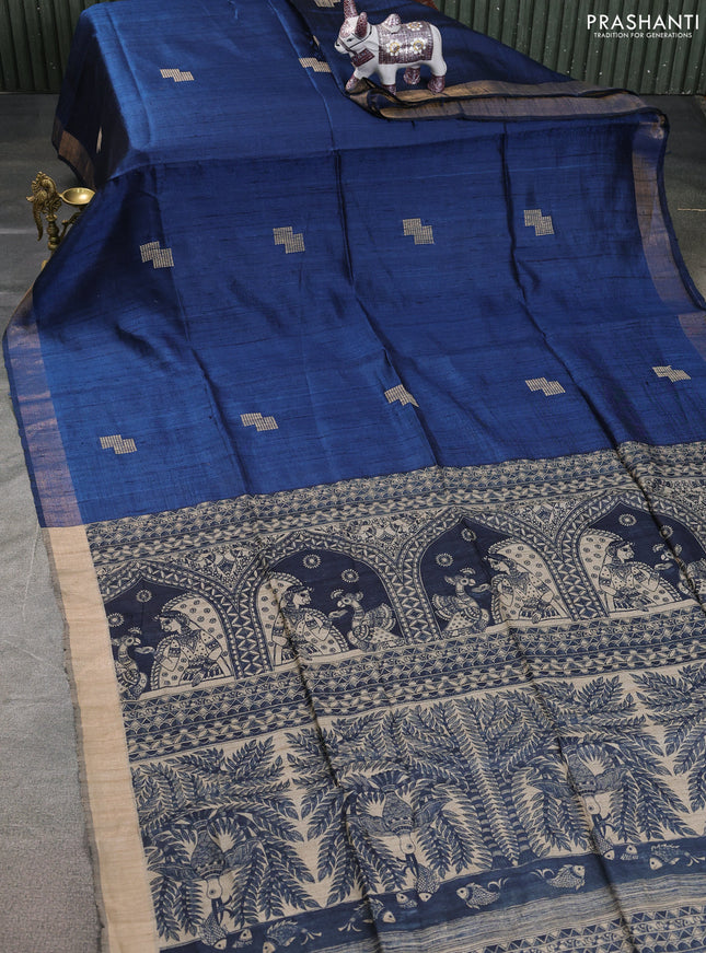 Pure dupion silk saree peacock blue and beige with plain body and madhubani printed pallu & blouse
