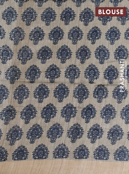 Pure dupion silk saree peacock blue and beige with plain body and madhubani printed pallu & blouse