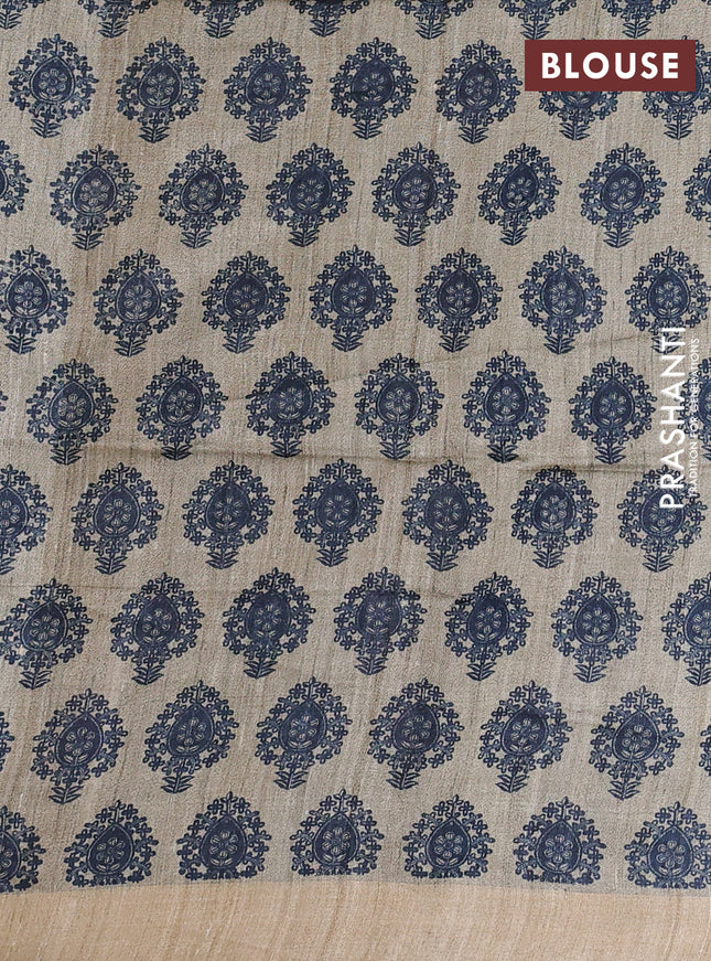 Pure dupion silk saree peacock blue and beige with plain body and madhubani printed pallu & blouse