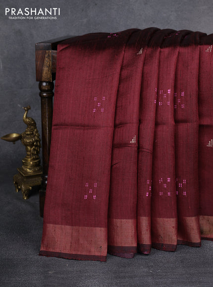 Pure dupion silk saree maroon and beige with thread woven buttas and madhubani printed pallu & blouse