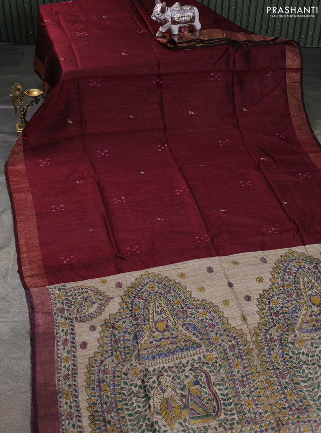 Pure dupion silk saree maroon and beige with thread woven buttas and madhubani printed pallu & blouse