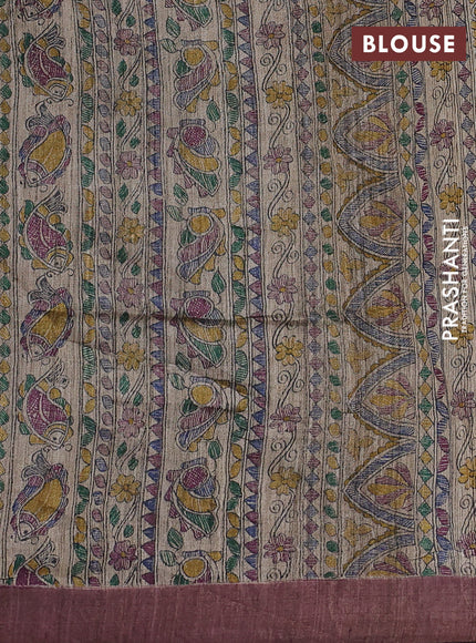 Pure dupion silk saree maroon and beige with thread woven buttas and madhubani printed pallu & blouse