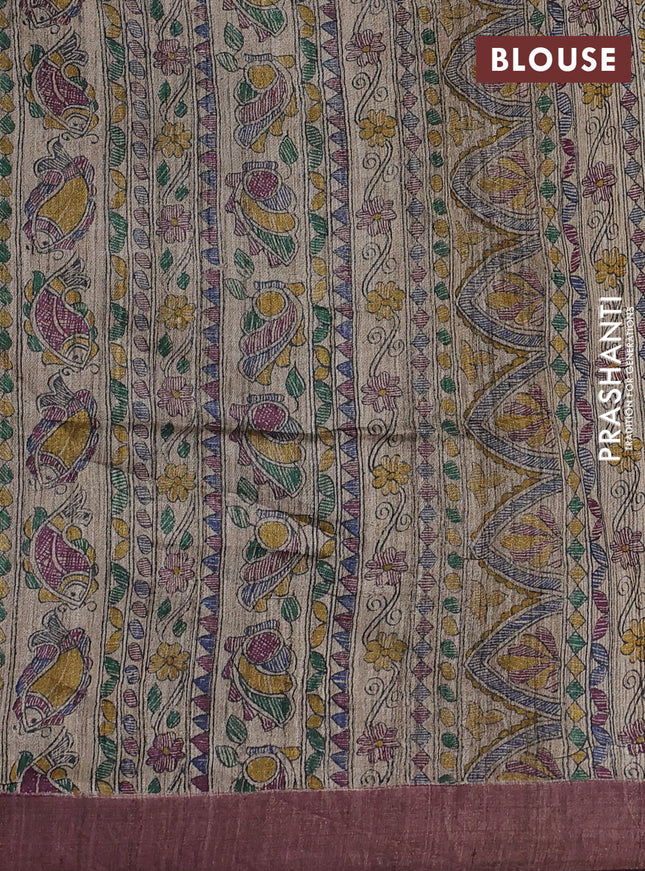 Pure dupion silk saree maroon and beige with thread woven buttas and madhubani printed pallu & blouse