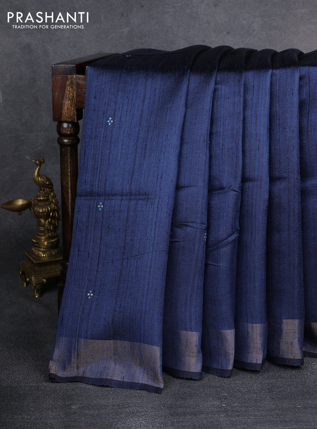 Pure dupion silk saree blue and beige with thread woven buttas and madhubani printed pallu & blouse