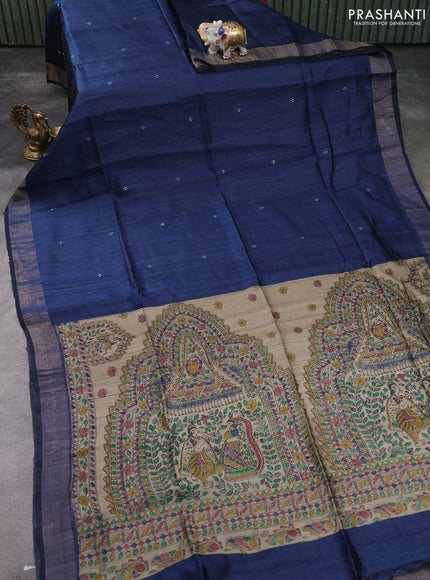 Pure dupion silk saree blue and beige with thread woven buttas and madhubani printed pallu & blouse