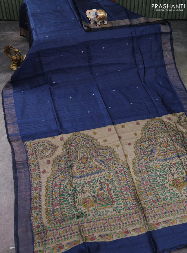 Pure dupion silk saree blue and beige with thread woven buttas and madhubani printed pallu & blouse