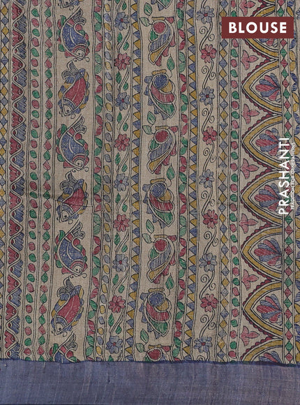 Pure dupion silk saree blue and beige with thread woven buttas and madhubani printed pallu & blouse