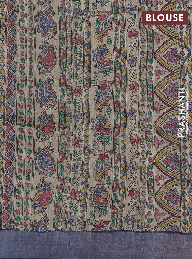 Pure dupion silk saree blue and beige with thread woven buttas and madhubani printed pallu & blouse