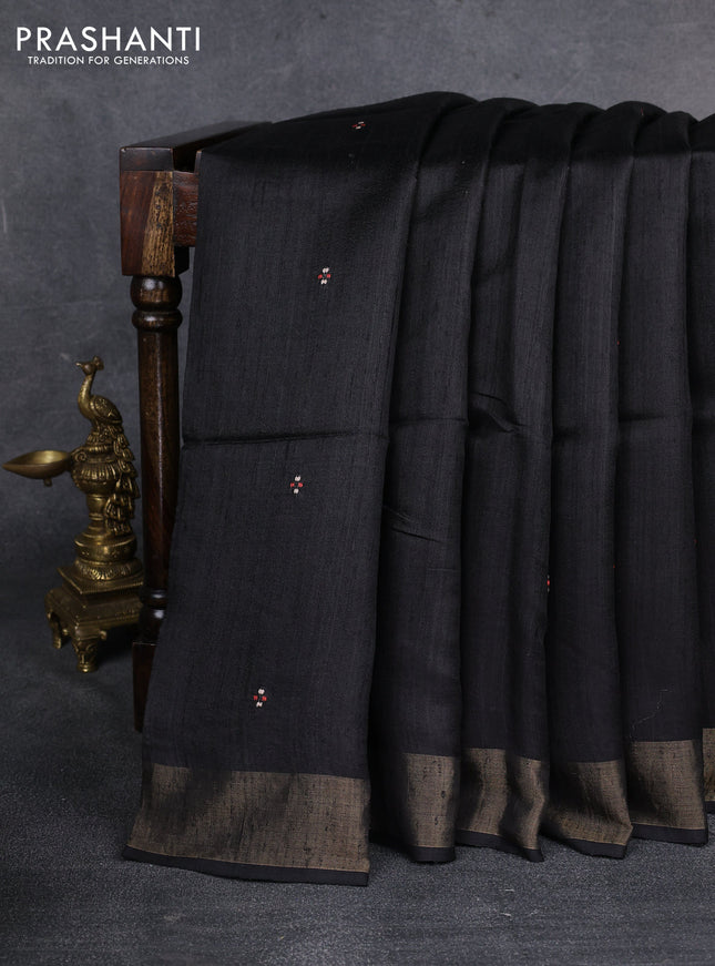 Pure dupion silk saree black and beige with thread woven buttas and madhubani printed pallu & blouse