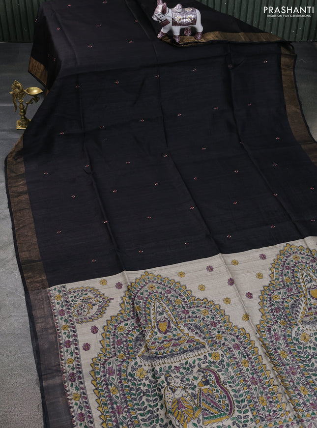Pure dupion silk saree black and beige with thread woven buttas and madhubani printed pallu & blouse
