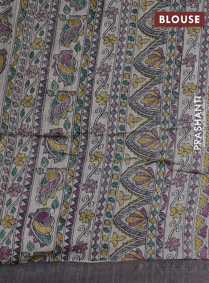 Pure dupion silk saree black and beige with thread woven buttas and madhubani printed pallu & blouse