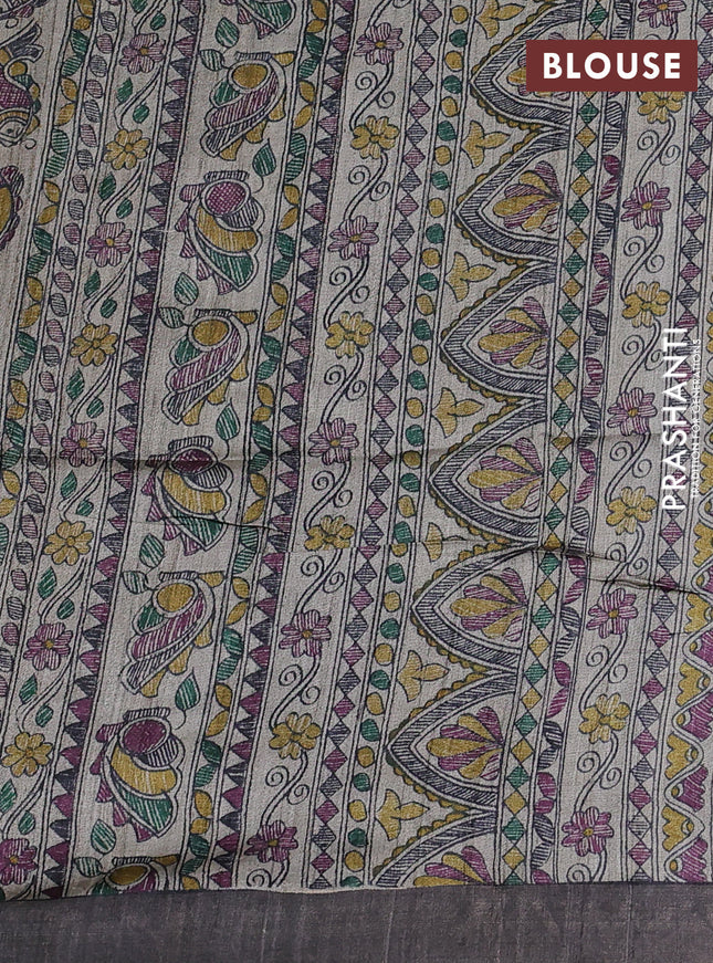 Pure dupion silk saree black and beige with thread woven buttas and madhubani printed pallu & blouse