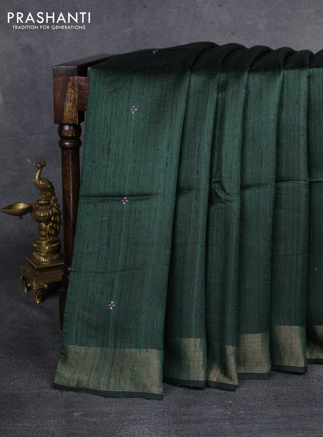 Pure dupion silk saree green and beige with allover zari checked pattern and madhubani printed pallu & blouse