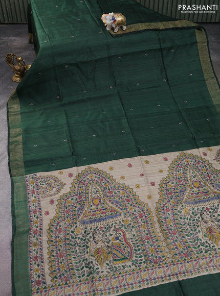 Pure dupion silk saree green and beige with allover zari checked pattern and madhubani printed pallu & blouse