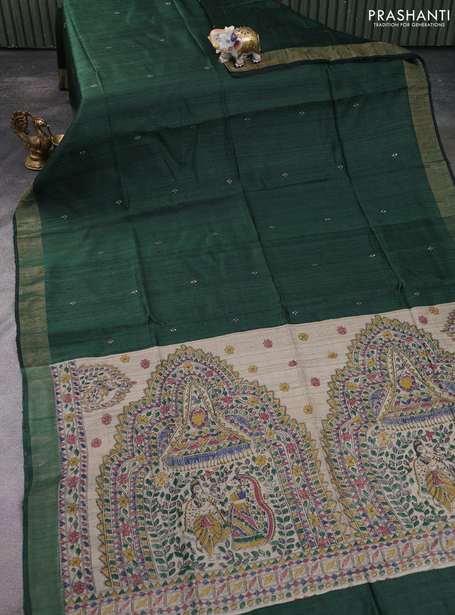 Pure dupion silk saree green and beige with allover zari checked pattern and madhubani printed pallu & blouse