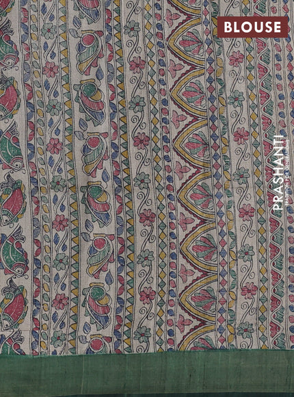 Pure dupion silk saree green and beige with allover zari checked pattern and madhubani printed pallu & blouse