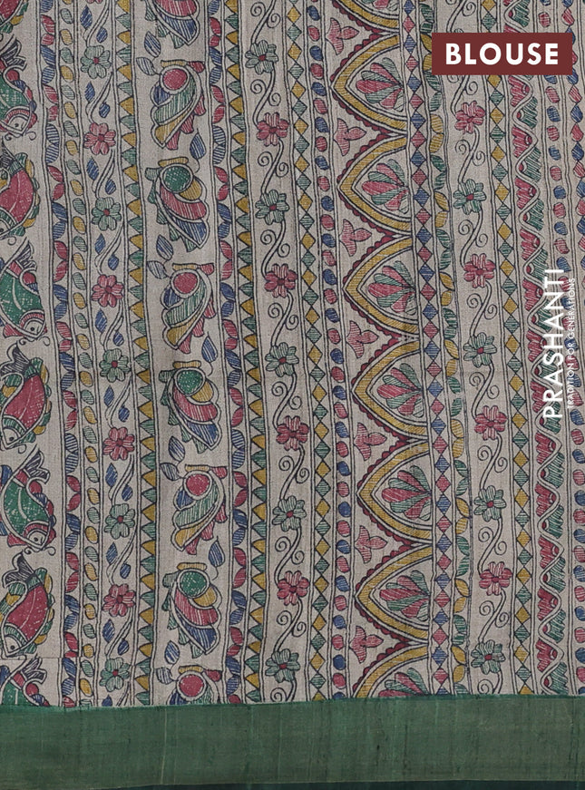 Pure dupion silk saree green and beige with allover zari checked pattern and madhubani printed pallu & blouse