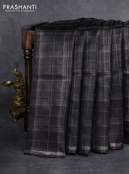 Pure dupion silk saree black and beige with allover zari checked pattern and madhubani printed pallu & blouse