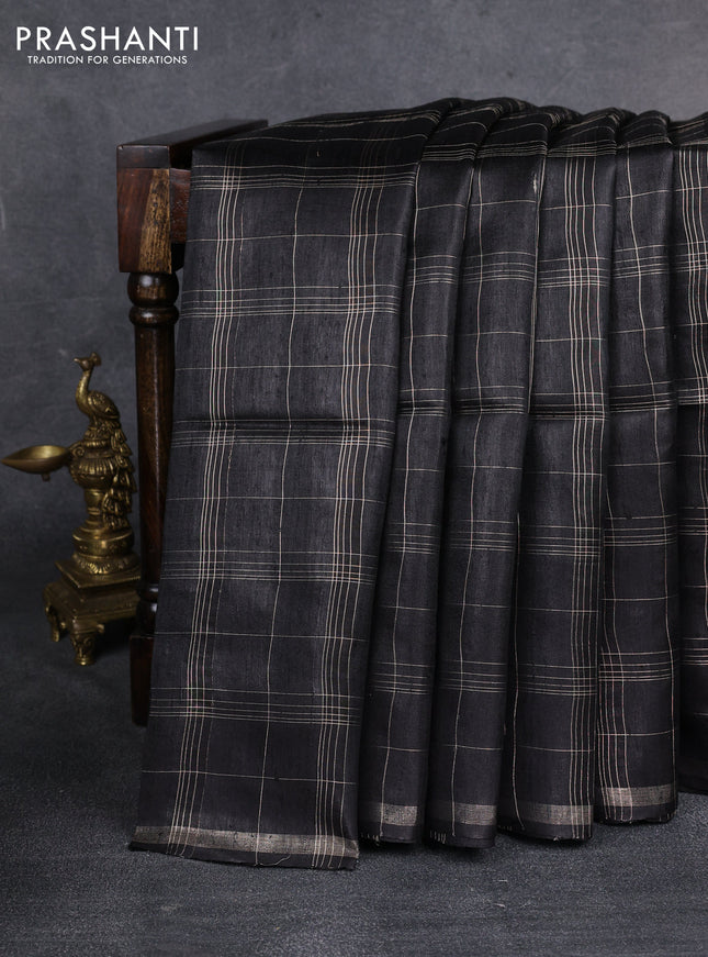 Pure dupion silk saree black and beige with allover zari checked pattern and madhubani printed pallu & blouse