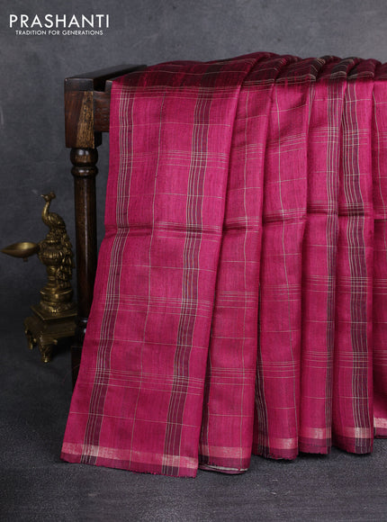 Pure dupion silk saree magenta pink and beige with allover zari checked pattern and madhubani printed pallu & blouse