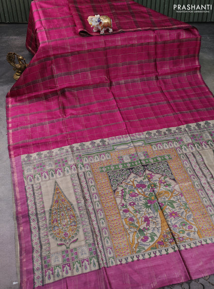 Pure dupion silk saree magenta pink and beige with allover zari checked pattern and madhubani printed pallu & blouse