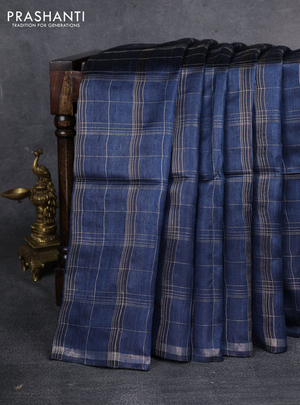 Pure dupion silk saree peacock blue and beige with allover zari checked pattern and madhubani printed pallu & blouse