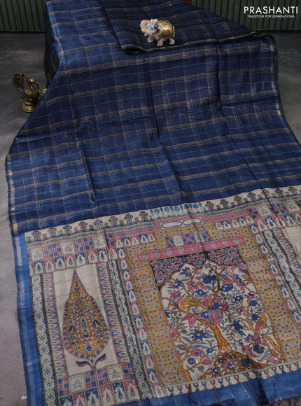 Pure dupion silk saree peacock blue and beige with allover zari checked pattern and madhubani printed pallu & blouse