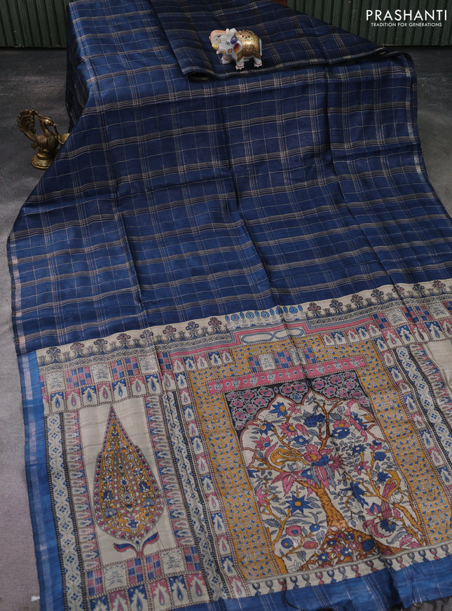 Pure dupion silk saree peacock blue and beige with allover zari checked pattern and madhubani printed pallu & blouse
