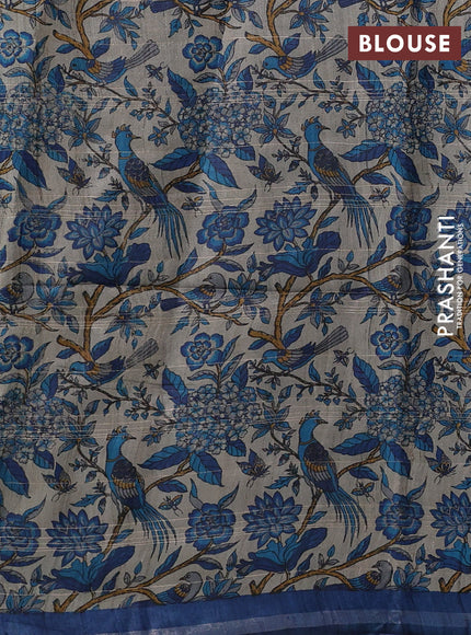 Pure dupion silk saree peacock blue and beige with allover zari checked pattern and madhubani printed pallu & blouse