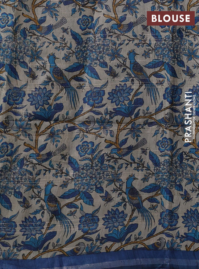 Pure dupion silk saree peacock blue and beige with allover zari checked pattern and madhubani printed pallu & blouse