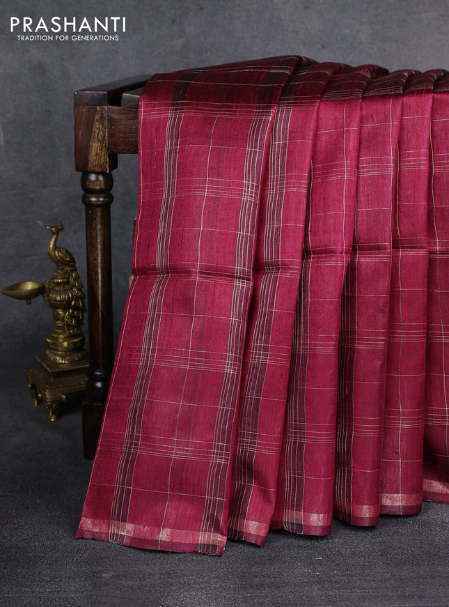 Pure dupion silk saree magenta pink and beige with allover zari checked pattern and madhubani printed pallu & blouse