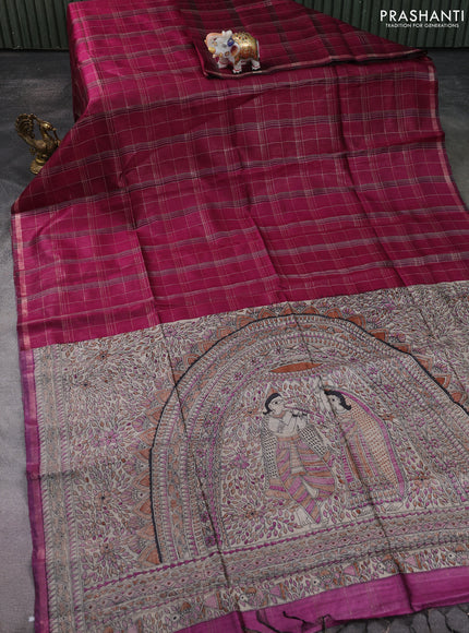 Pure dupion silk saree magenta pink and beige with allover zari checked pattern and madhubani printed pallu & blouse