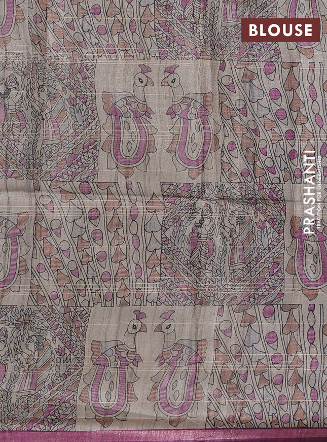 Pure dupion silk saree magenta pink and beige with allover zari checked pattern and madhubani printed pallu & blouse