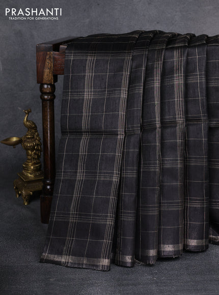 Pure dupion silk saree black and beige with allover zari checked pattern and madhubani printed pallu & blouse