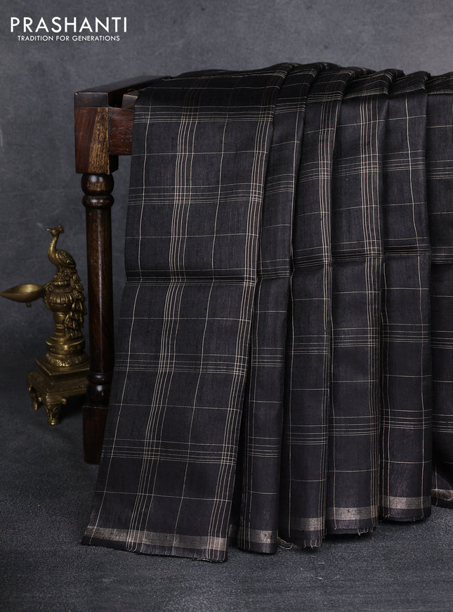 Pure dupion silk saree black and beige with allover zari checked pattern and madhubani printed pallu & blouse