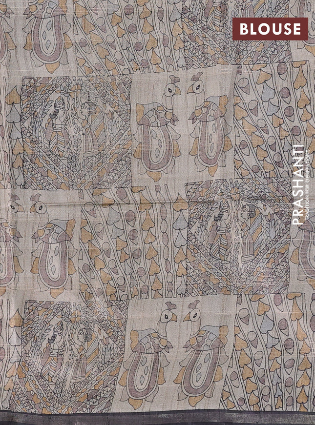 Pure dupion silk saree black and beige with allover zari checked pattern and madhubani printed pallu & blouse