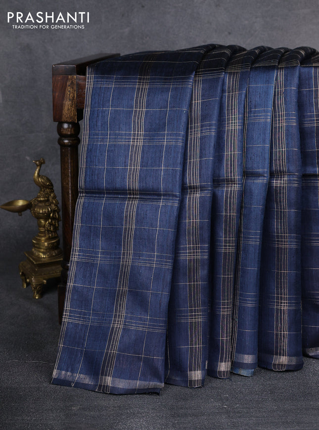 Pure dupion silk saree peacock blue and beige with allover zari checked pattern and madhubani printed pallu & blouse