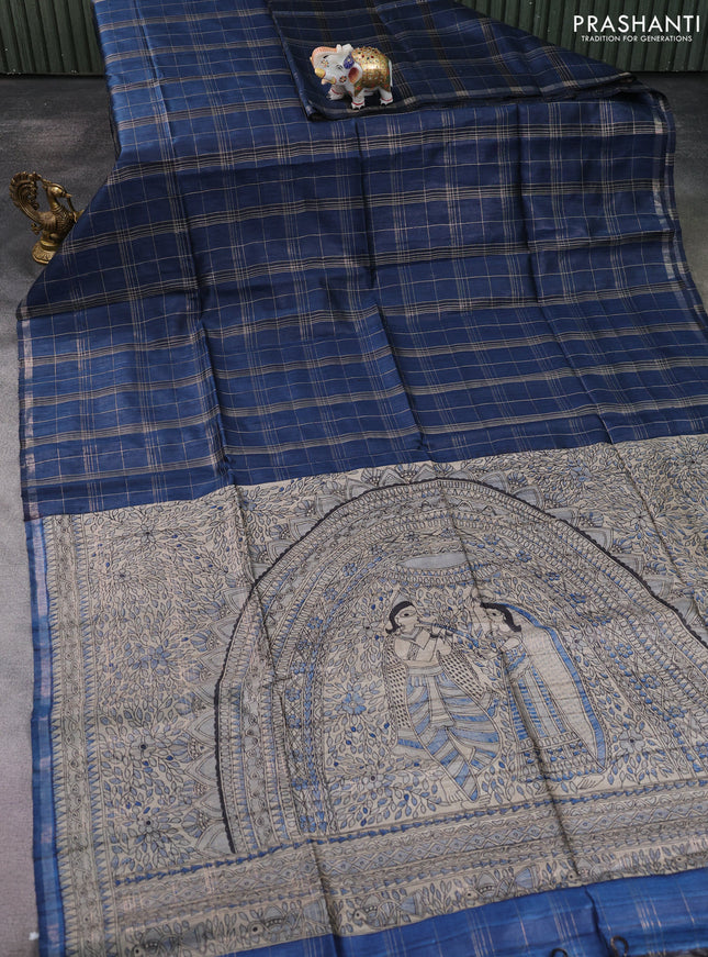 Pure dupion silk saree peacock blue and beige with allover zari checked pattern and madhubani printed pallu & blouse