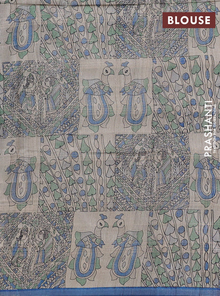 Pure dupion silk saree peacock blue and beige with allover zari checked pattern and madhubani printed pallu & blouse