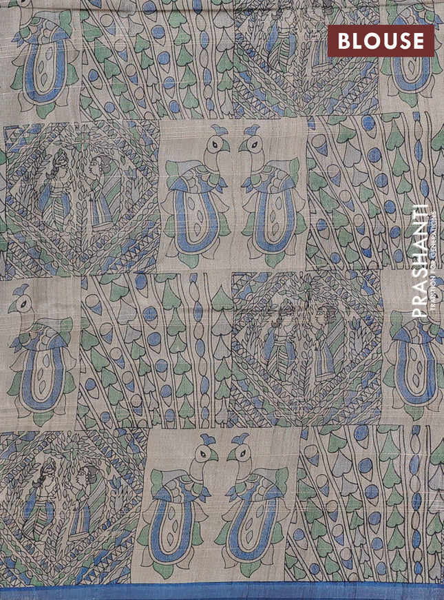 Pure dupion silk saree peacock blue and beige with allover zari checked pattern and madhubani printed pallu & blouse