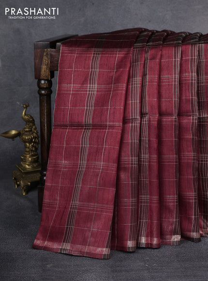 Pure dupion silk saree maroon and beige with allover zari checked pattern and madhubani printed pallu & blouse