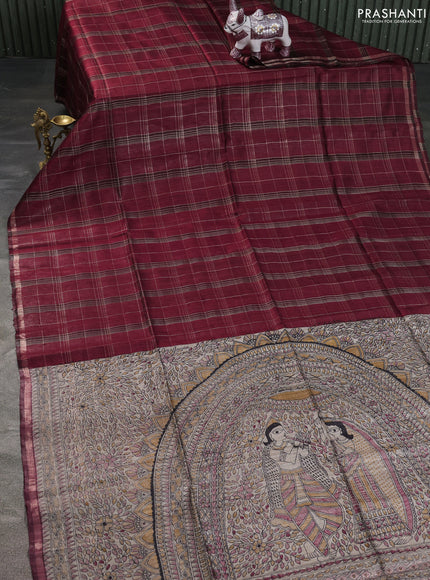 Pure dupion silk saree maroon and beige with allover zari checked pattern and madhubani printed pallu & blouse