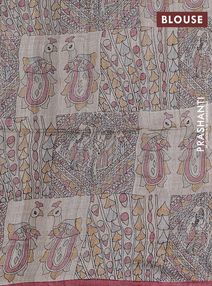 Pure dupion silk saree maroon and beige with allover zari checked pattern and madhubani printed pallu & blouse