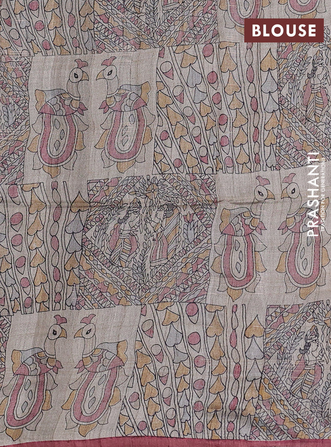 Pure dupion silk saree maroon and beige with allover zari checked pattern and madhubani printed pallu & blouse