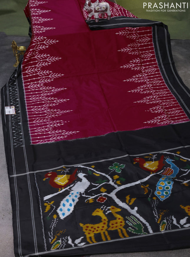 Pochampally silk saree pink and black with allover ikat weaves and ikat woven border
