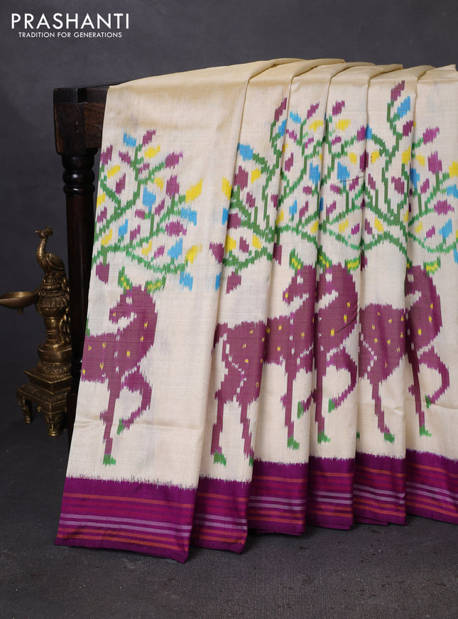 Pochampally silk saree off white and purple with allover ikat weaves and simple border