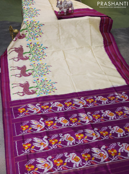 Pochampally silk saree off white and purple with allover ikat weaves and simple border