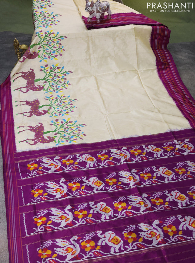 Pochampally silk saree off white and purple with allover ikat weaves and simple border