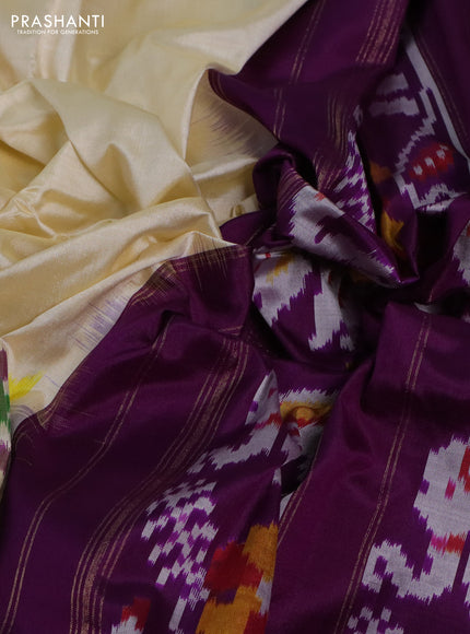 Pochampally silk saree off white and purple with allover ikat weaves and simple border