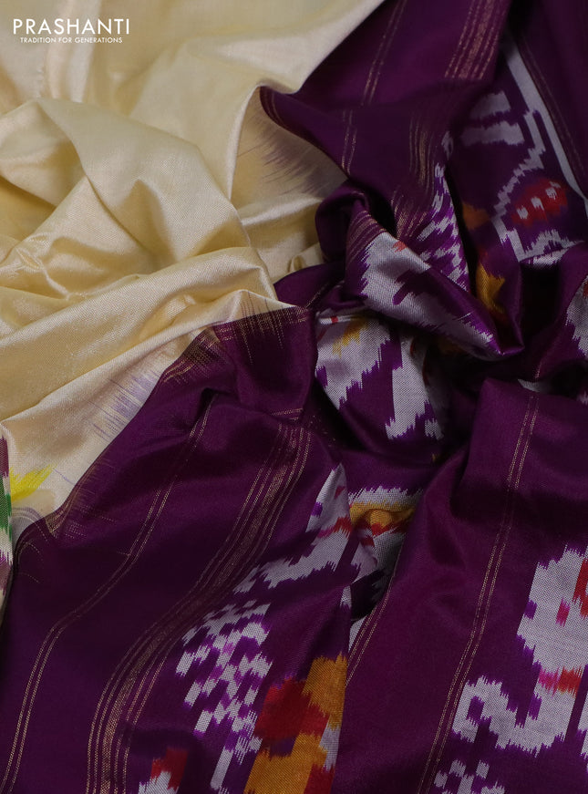 Pochampally silk saree off white and purple with allover ikat weaves and simple border